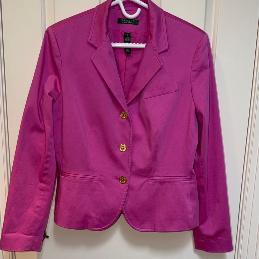 LAUREN Ralph Lauren sz 12 Pink Berry Tailored Jacket Blazer gold logo buttons